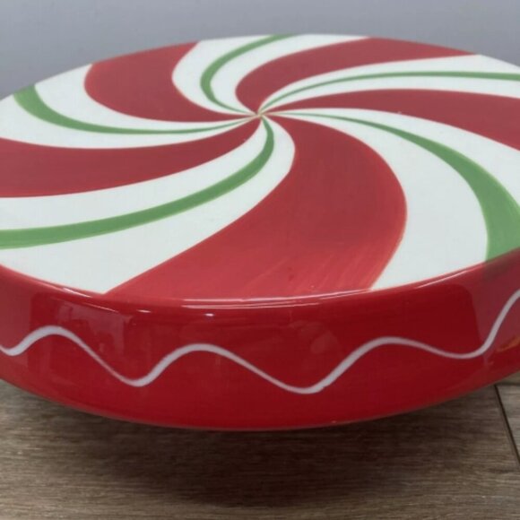 Red Peppermint Swirl Footed Cake Stand Plate Pedestal Chip & Dip Bowl - Picture 6 of 6